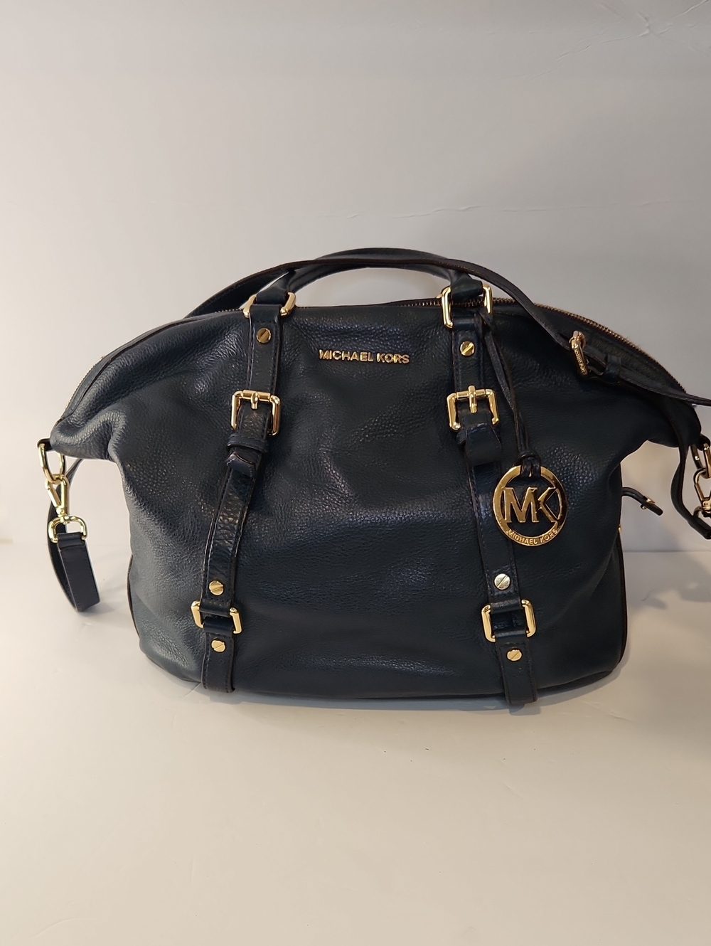 Michael Kors Dark Navy Leather Satchel with Gold Hardware